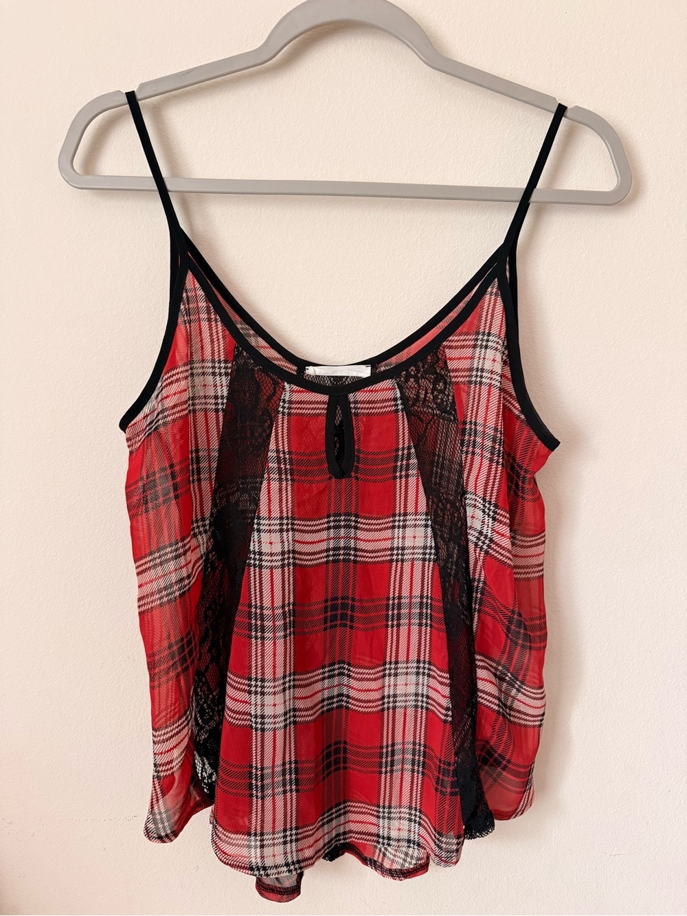 Lush Red Black Plaid Lace Trim Camisole